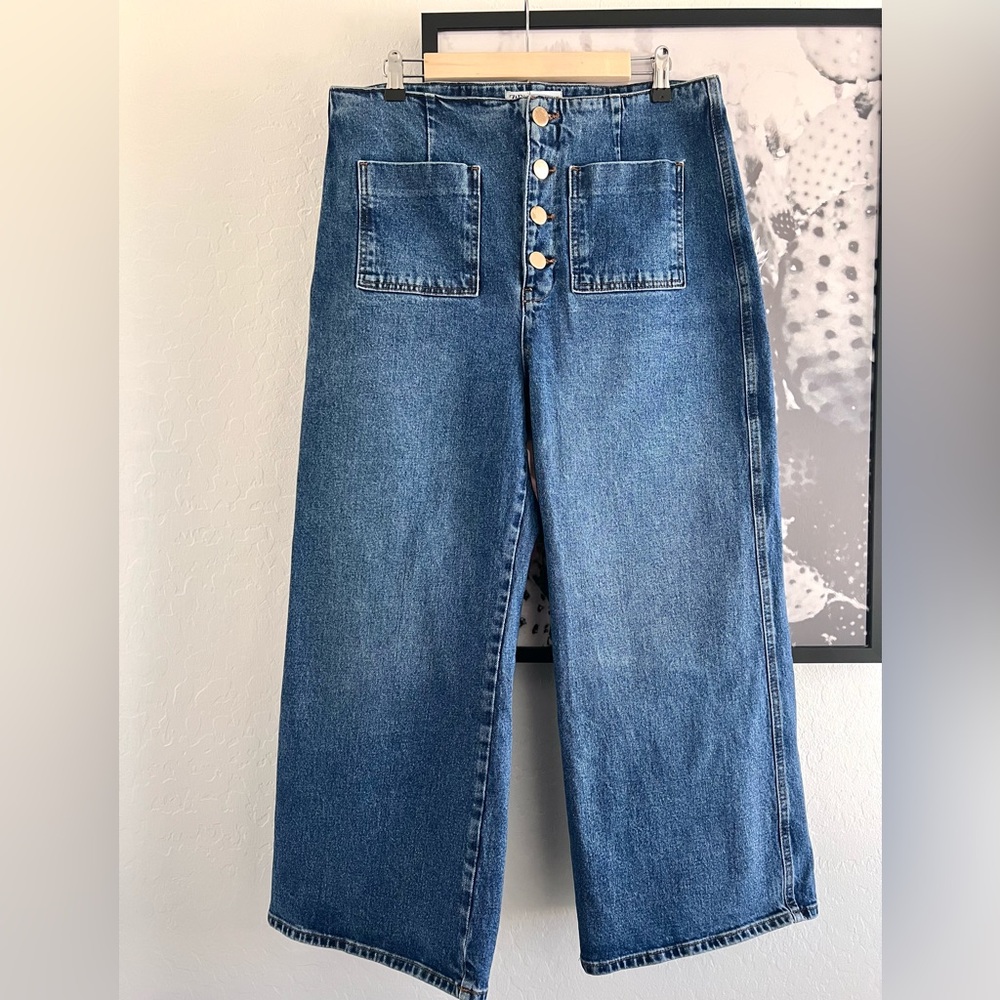 Zara Blue High Rise Wide Leg Cropped Jeans Pants size 12 - Picture 2 of 10